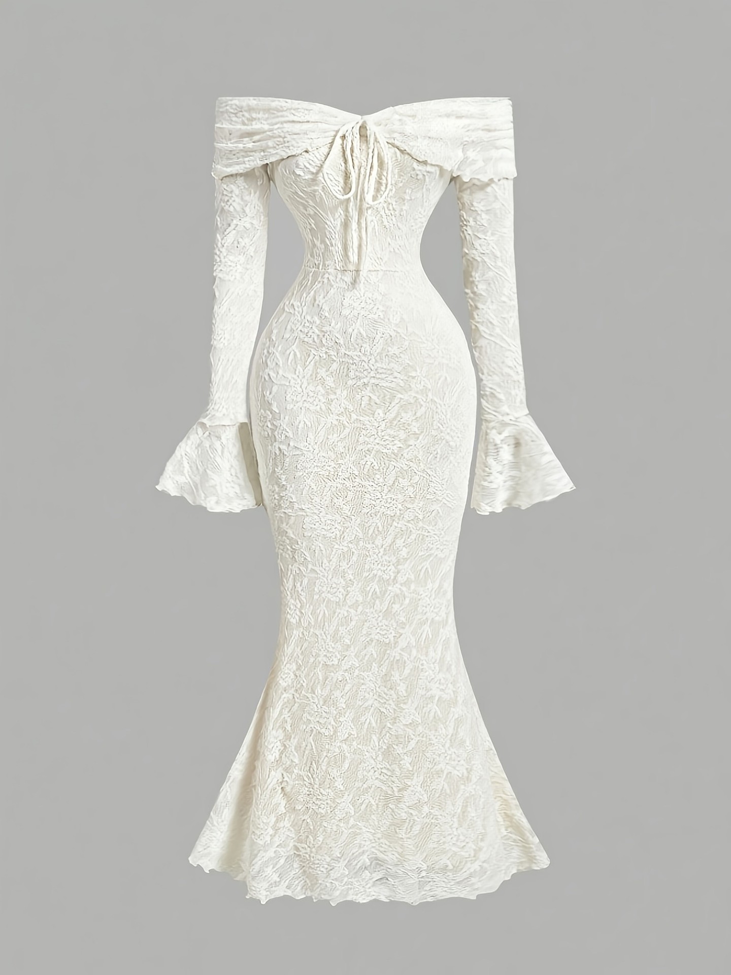 Tie Up Fishtail Dress Color: Bright White | Size: XS, S, M, L | Design Detail: Tie Up, Lace-trimmed | Waistline: High Waist | Style: Elegant | Fabric weight: Medium | Dress/Skirt Length: Maxi | Occasion: Date | Main Fabric: Jacquard | Stretchability: Very Stretchable | Fit Type: Slim Fit | Chest Pad: Without Chest Pad |