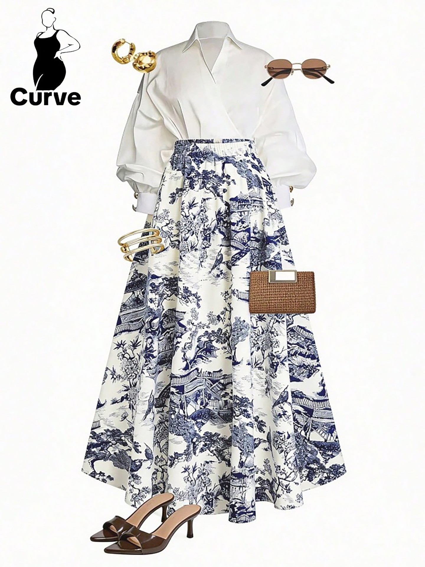 Plus Size Elastic A-Line Skirt Color: White-Blue | Size: 0XL, 1XL, 2XL, 3XL, 4XL | Quantity: 1 Piece | Main Fabric: Flat Woven