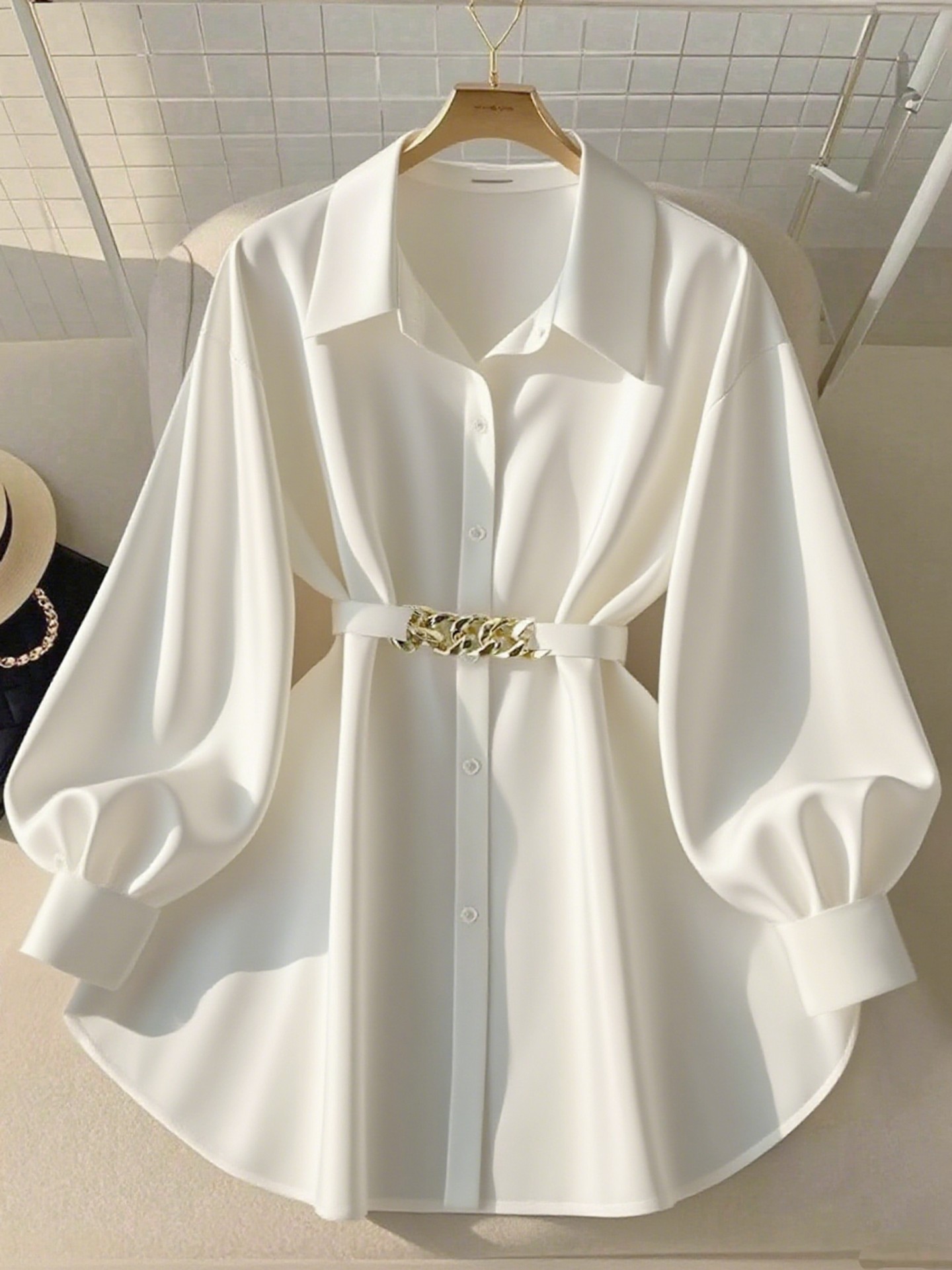 Plus Size Metallic Decor Placket Blouse Color: White, Black | Size: 1XL, 2XL, 3XL, 4XL | Main Fabric: Flat Woven | Stretchability: Not Stretchable | Fit Type: Relaxed Fit | Quantity: 1 Piece | Belt: Comes with Belt | Sleeve Length: Long Sleeve