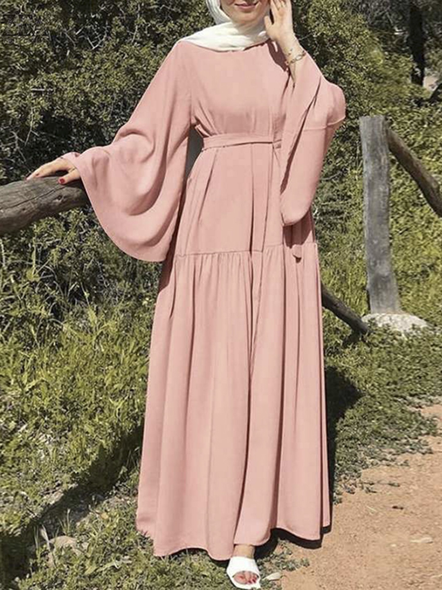 Belted A-Line Dress Color: Pink, Navy, Olive Drab, Burgundy, Khaki | Size: S, M, L, XL, XXL | Design Detail: Belted | Style: Hijabi Clothing, Elegant | Fabric weight: Medium | Dress/Skirt Length: Maxi | Main Fabric: Flat Woven | Stretchability: Not Stretchable | Fit Type: Regular Fit | Chest Pad: Without Chest Pad | Be