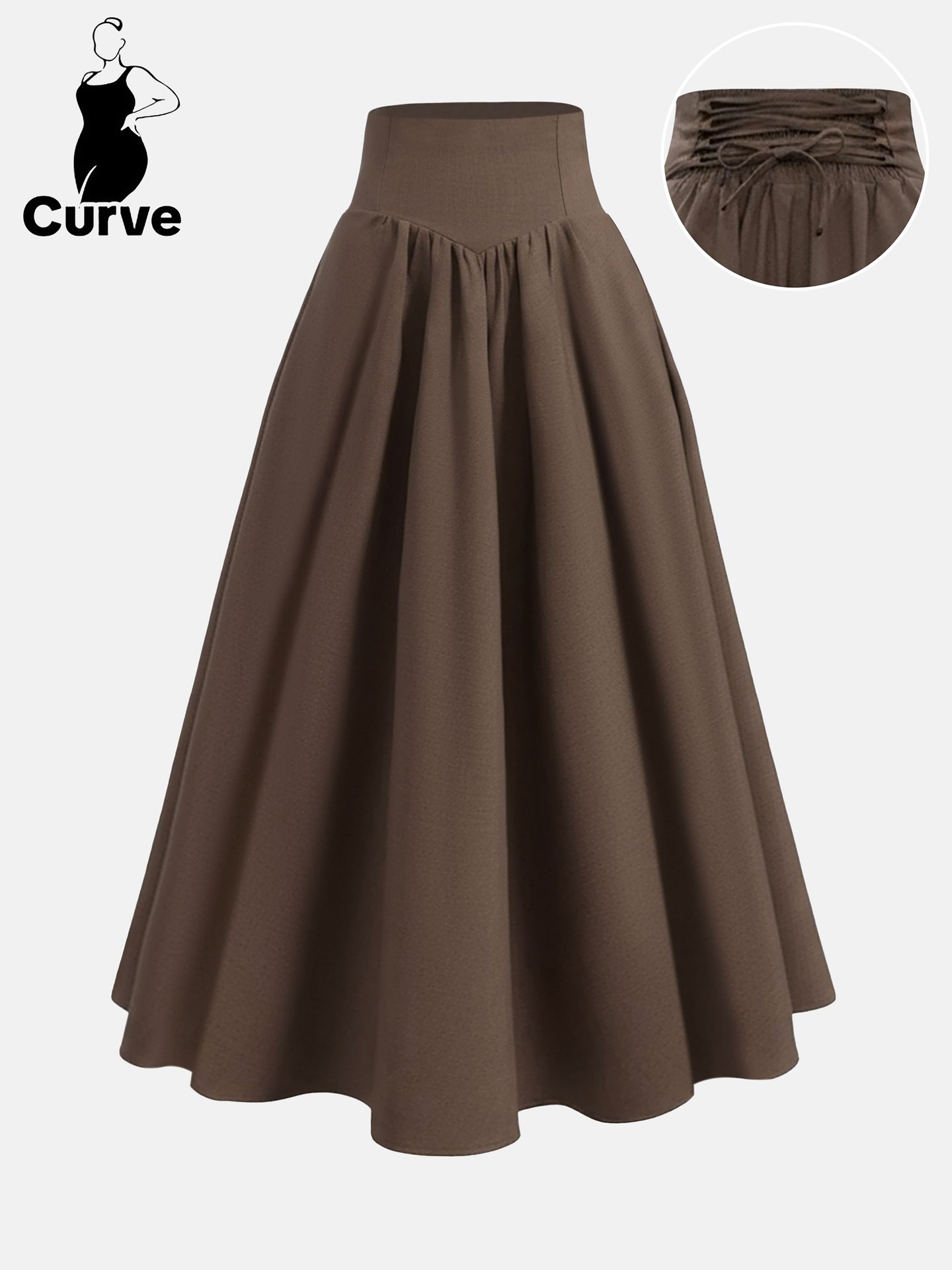 Plus Size Lace Up A-Line Skirt Color: Brown | Size: 1XL, 2XL, 3XL, 4XL | Quantity: 1 Piece | Main Fabric: Flat Woven