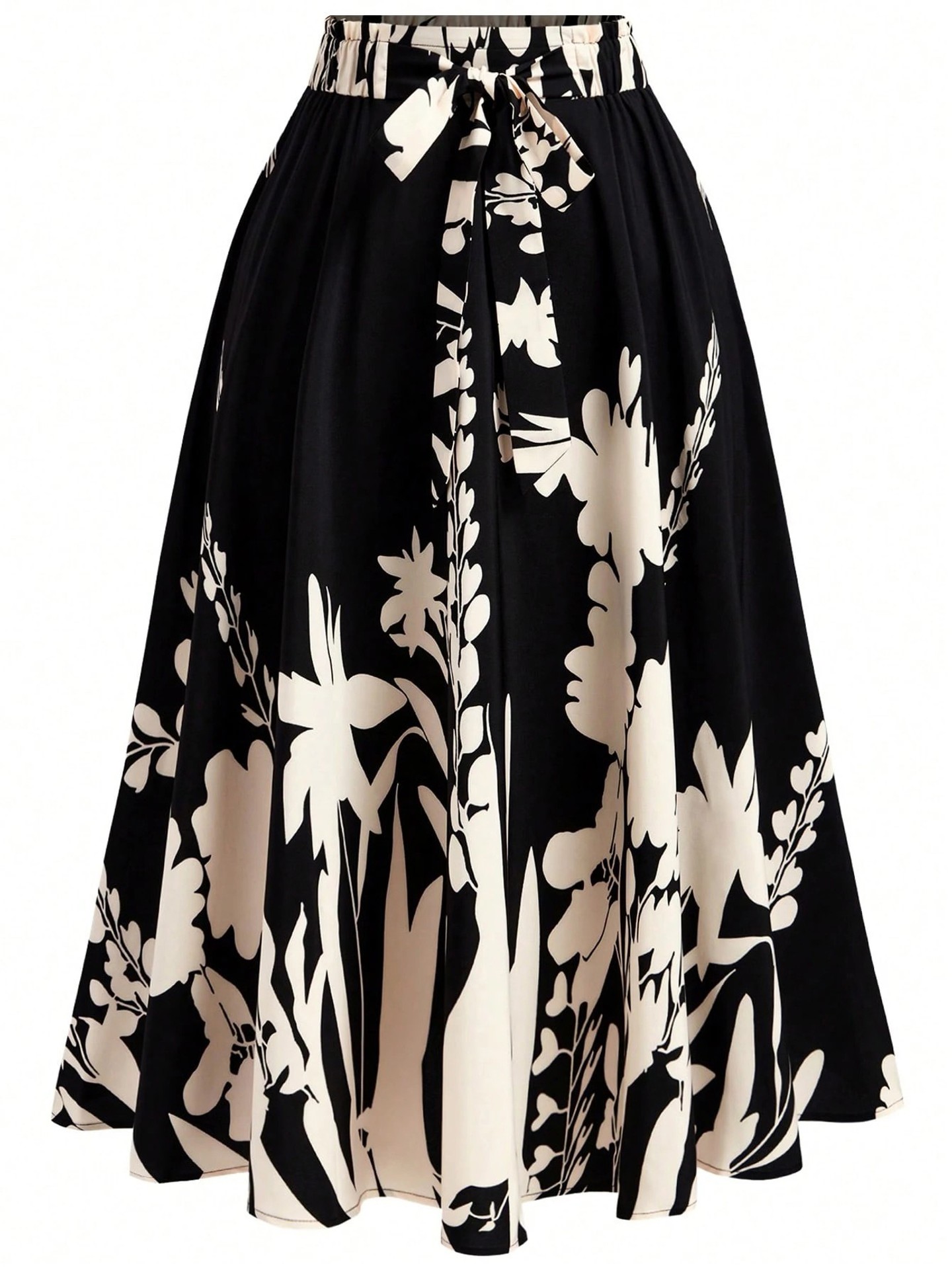 Plus Size Tie Up A-Line Skirt Color: Beige-Black | Size: 0XL, 1XL, 2XL, 3XL, 4XL | Quantity: 1 Piece | Main Fabric: Flat Woven
