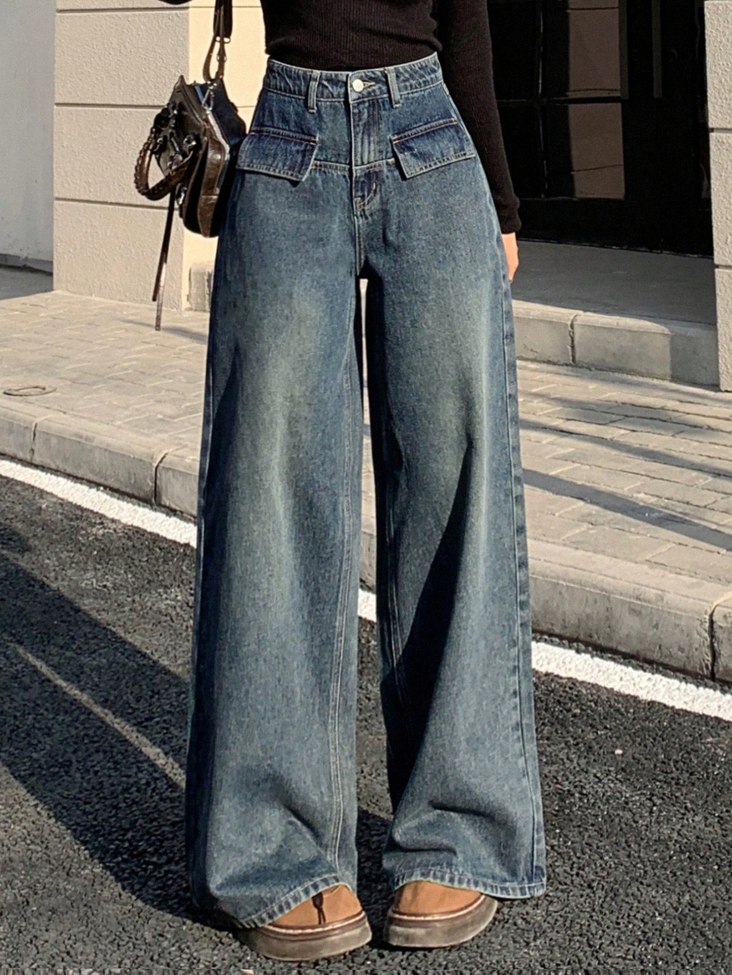 High Waist Vintage Dark Wash Decorative Pockets Wide Leg Jeans Color: Vintage Dark Wash | Size: XS, S, M, L, XL, 2XL | Fit Type: Regular Fit | Quantity: 1 Piece | Belt: Does not come with Belt | Main Fabric: Denim