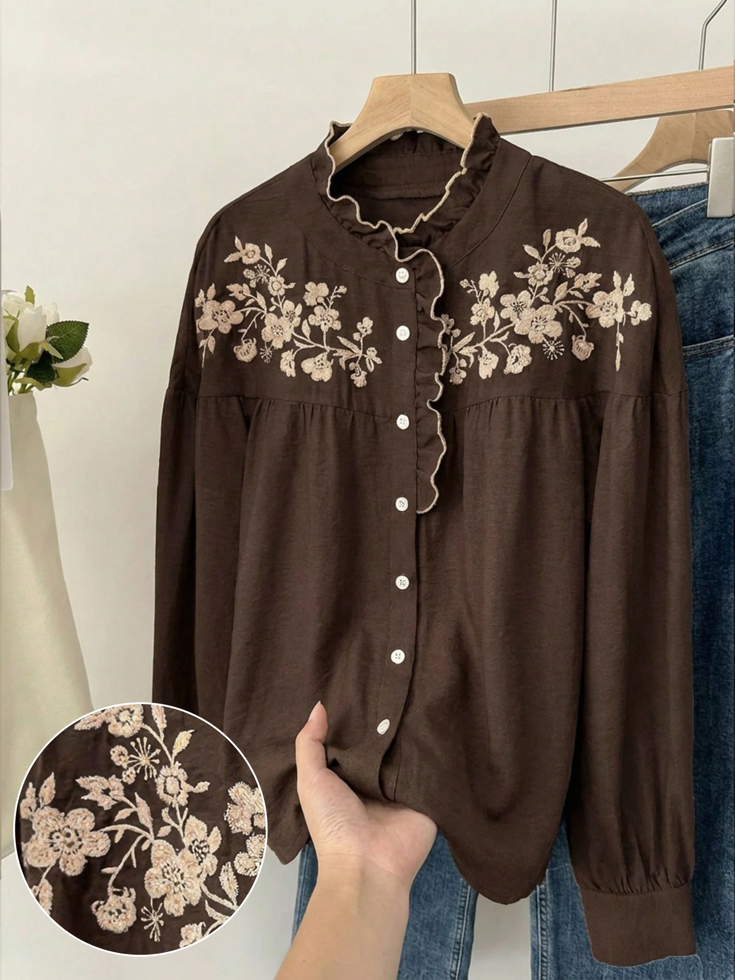 Embroidered Placket Blouse Color: Brown | Size: XS, S, M, L | Design Detail: Embroidered | Fabric weight: Medium | Top Length: Regular | Main Fabric: Flat Woven | Stretchability: Not Stretchable | Fit Type: Relaxed Fit | Belt: Does not come with Belt | Sleeve Length: Long Sleeve