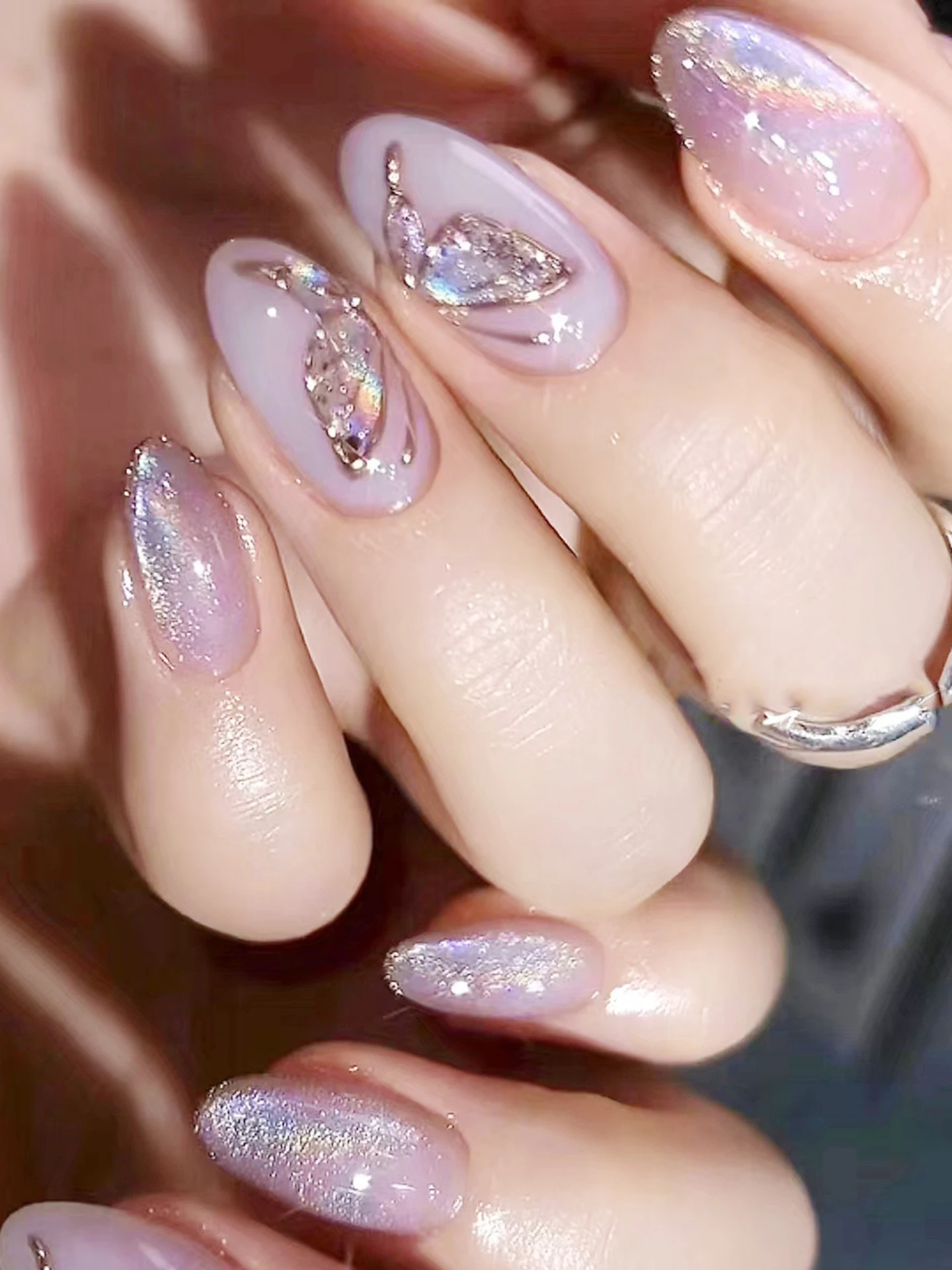 Glitter Artificial Nails Color: Lavender | Size: One-Size | Elements: Glitter, Butterfly | Nail Art Style: Glossy | Nail Shape: Almond | Material (Beauty): Plastic | Quantity: Set of 24