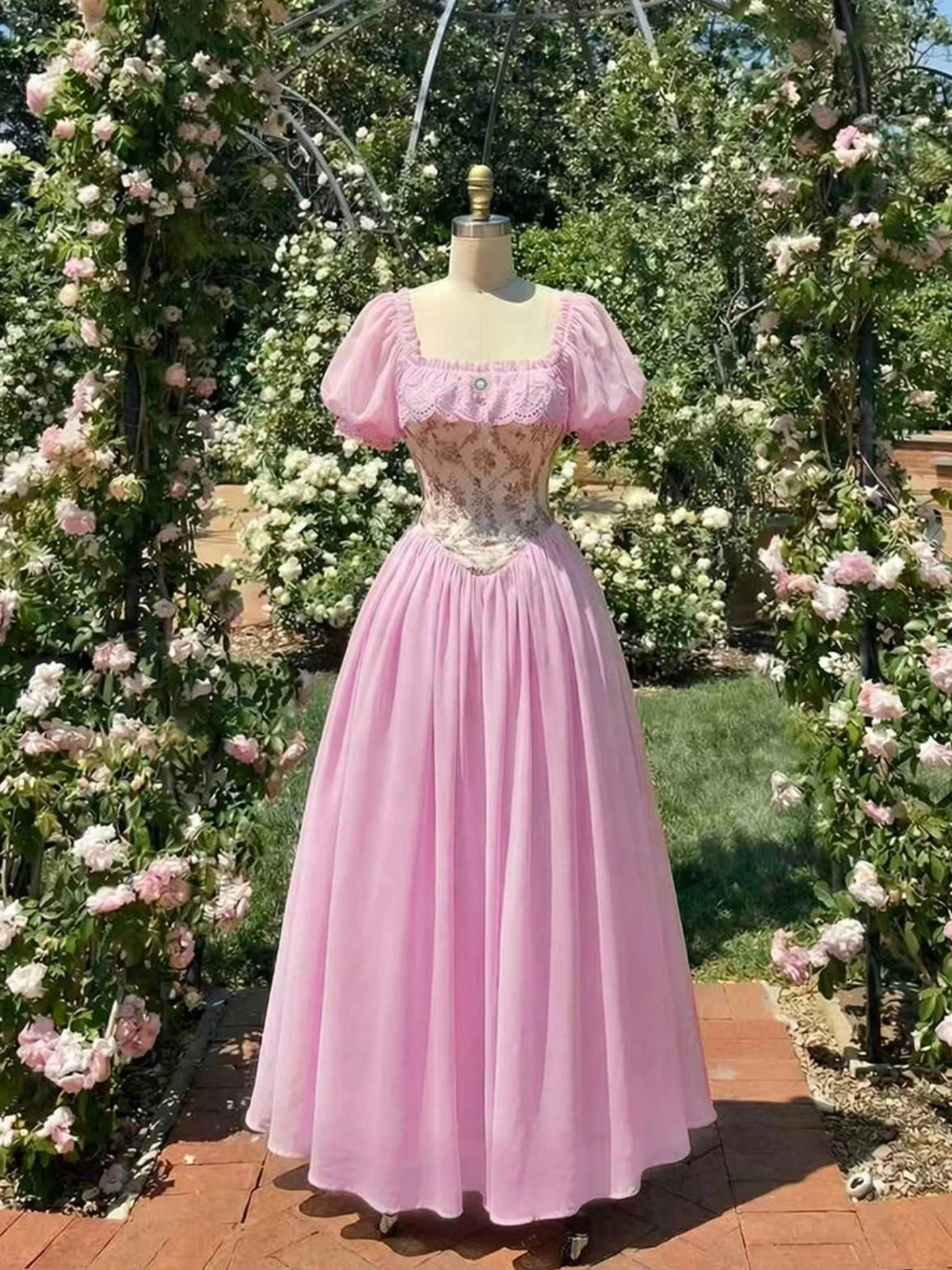 Lace-trimmed A-Line Dress Color: Light Pink | Size: XS, S, M, L, XL | Design Detail: Lace-trimmed, Corset | Waistline: High Waist | Style: Extravagant, Retro | Fabric weight: Medium | All Over Print: Small Floral | Dress/Skirt Length: Maxi | Main Fabric: Flat Woven | Stretchability: Not Stretchable | Fit Type: Regular Fit |