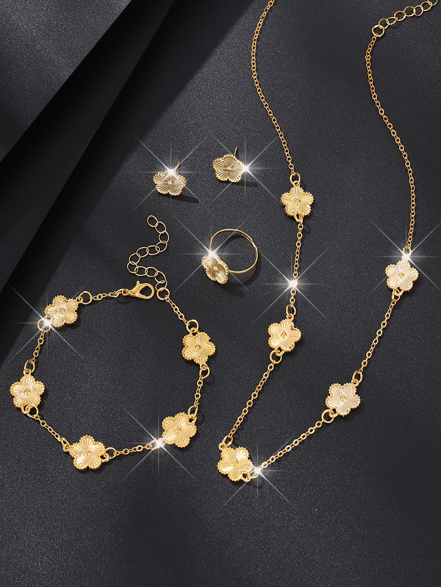 Flowers Jewelry 5Pcs Color: Gold | Size: One-Size | Main Material: Alloy | Quantity: Set of 5 | Quantity of attachments: 2 | Elements: Flowers